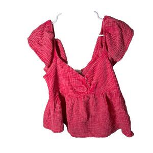 Japna Blouse Women's Large Pink Smocked Puff Sleeve V-Neck Gauze Casual